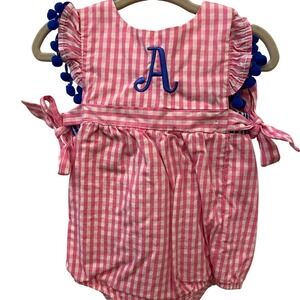 Whimsy‎ Pink Gingham Bubble Romper Blue Letter A Pom Pom Trim Baby Girl 12M